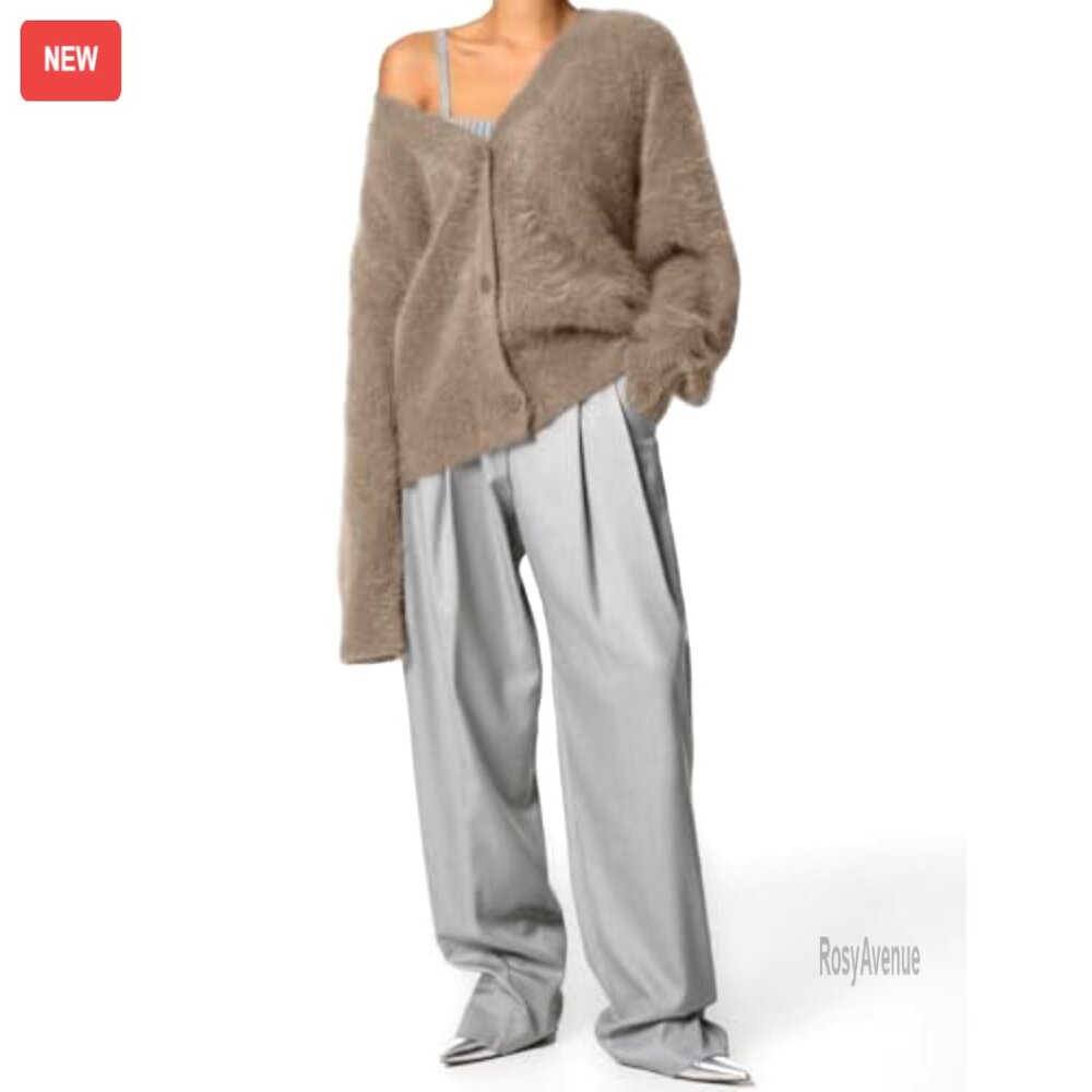 Women's Fuzzy V-Neck Cardigan Sweater Long Sleeve Button Down Slouchy Knit - Picture 7 of 8